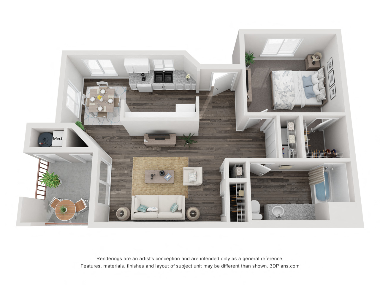 Floor plan for 1 bed, 1 bath, 720 sqft